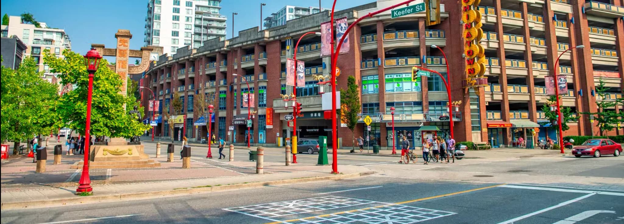 The historic Chinatown Millennium Gate and streetscape along Keefer Street in downtown Vancouver.