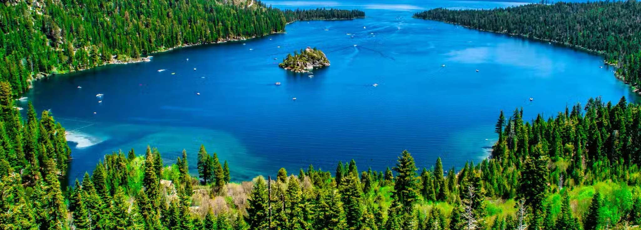 Aerial view of Emerald Bay and Fannette Island in Lake Tahoe California