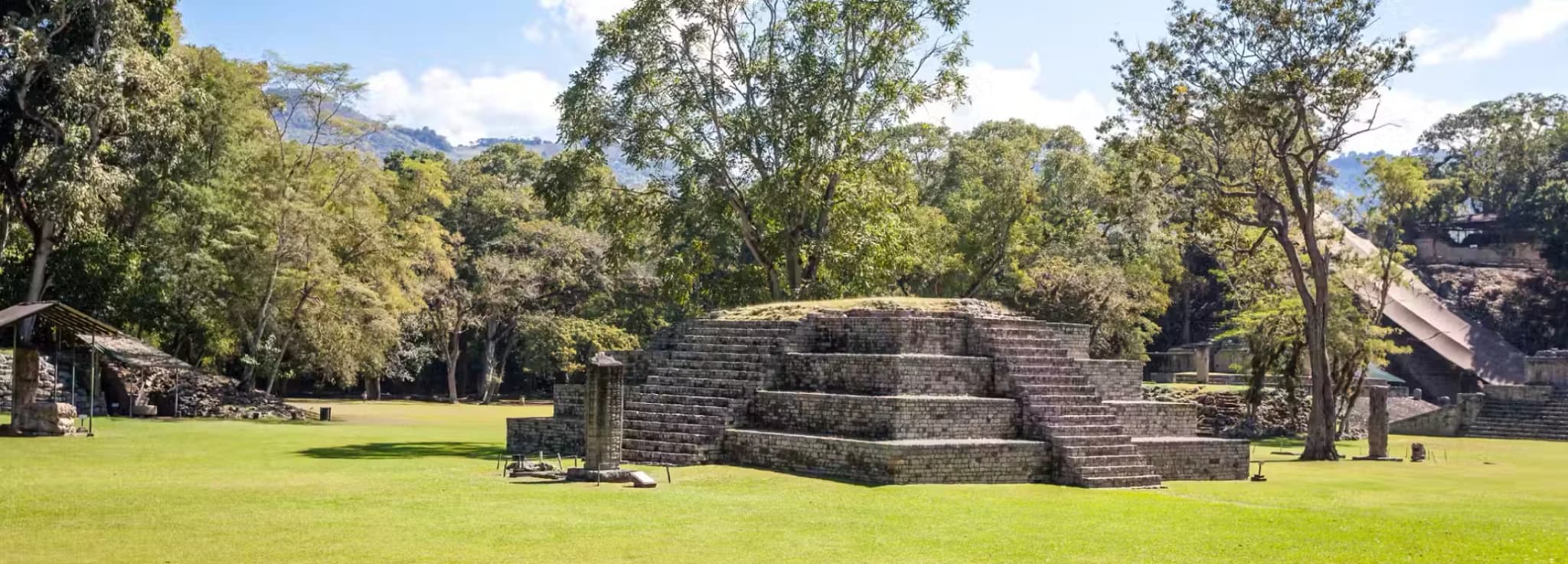 Stepped pyramid structure of the Copán Ruinas ancient Mayan archaeological site in Honduras, surrounded by a grassy field and dense trees under a blue sky.