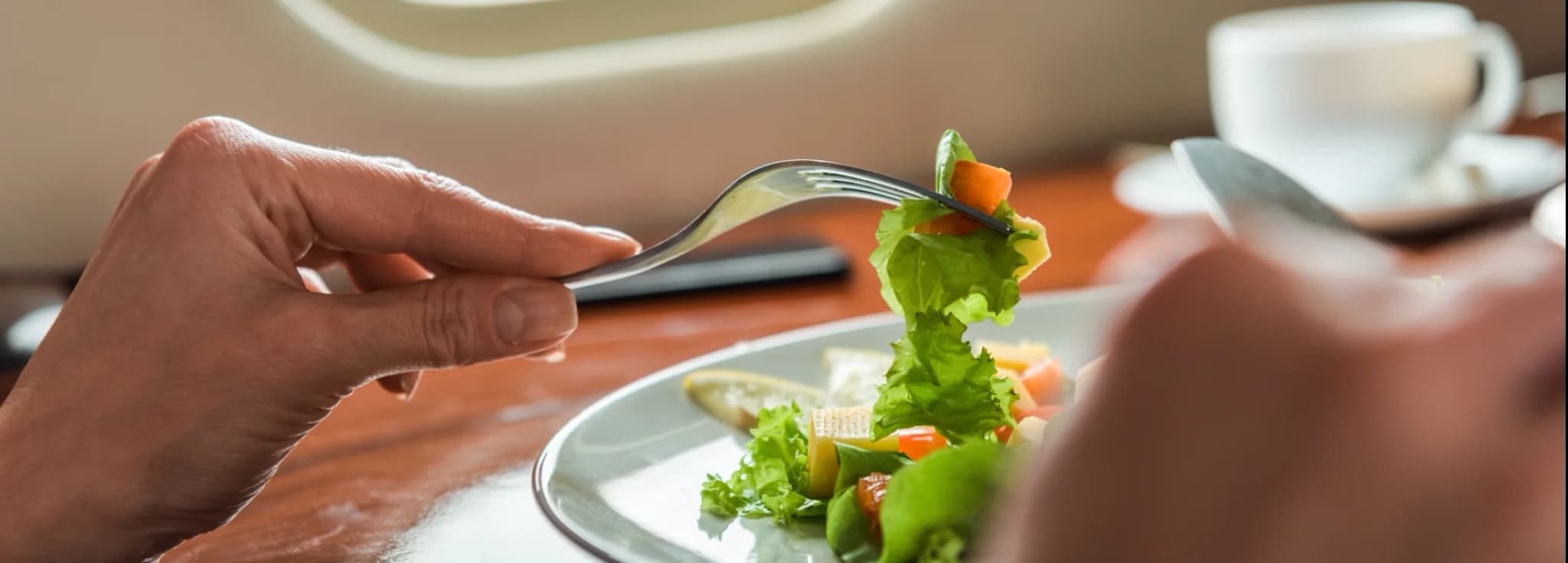Close-up of a passenger holding a fork with fresh salad during a meal service on a private flight
